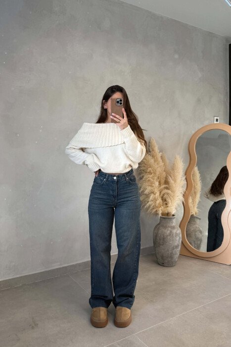 ONE COLOR KNITTED WOMAN SWEATER CREAM/KREM - 4