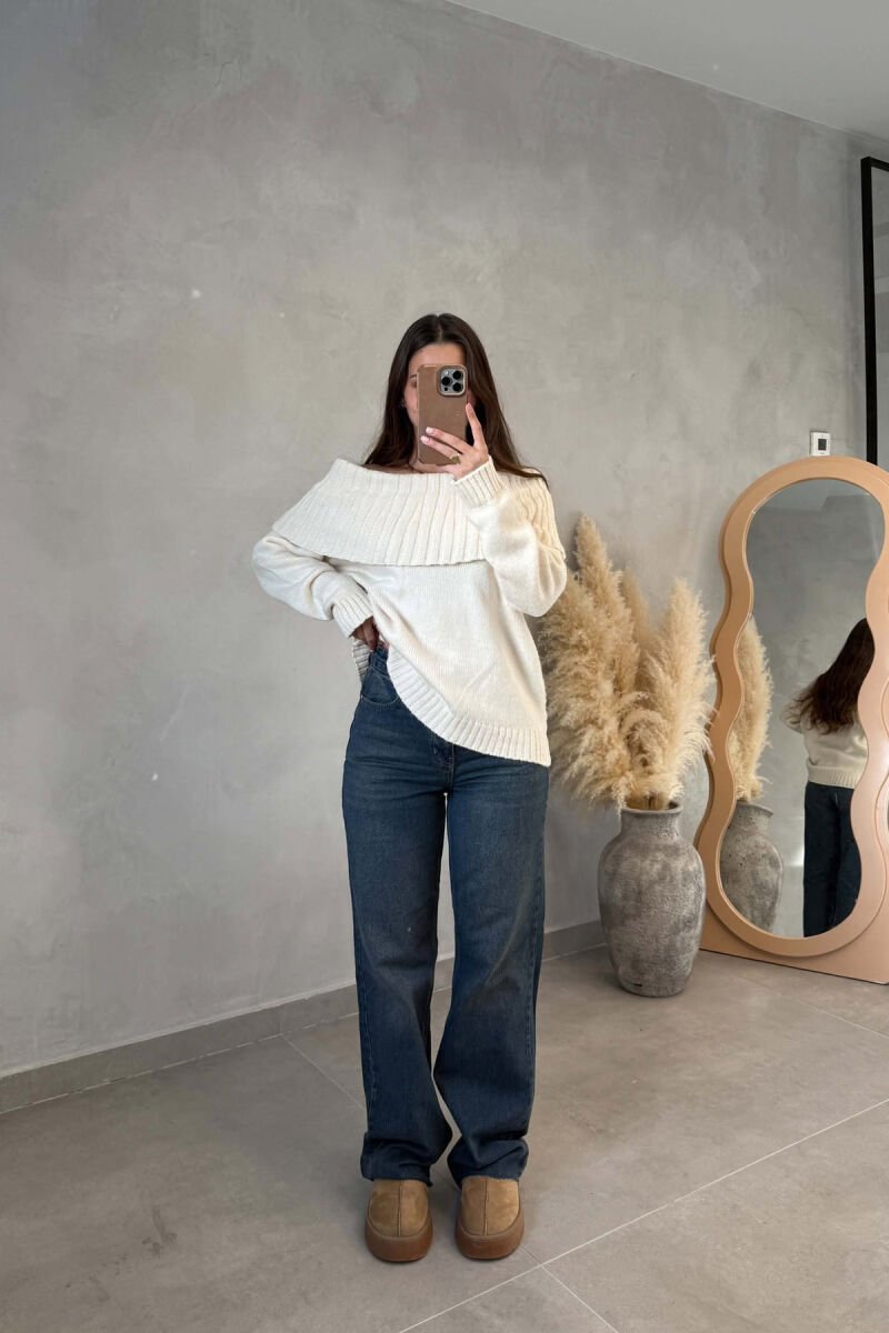 ONE COLOR KNITTED WOMAN SWEATER CREAM/KREM - 5