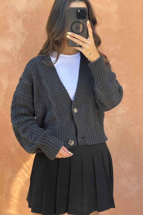 ONE COLOR KNITTED WOMEN CARDIGAN DARK GREY/GEE - 1
