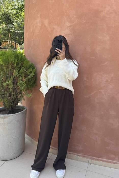 ONE COLOR KNITTED WOMEN SWEATER CREAM/KREM - KLAUDIO FASHION