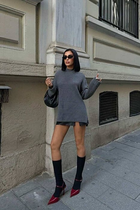 ONE COLOR KNITTED WOMEN SWEATER GREY/GRI - KLAUDIO FASHION