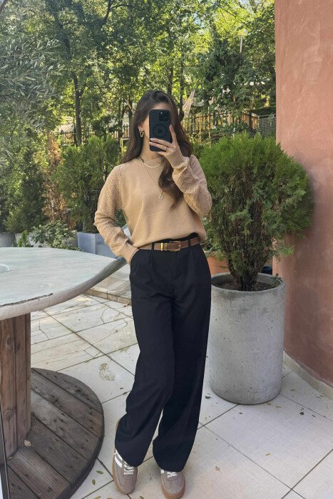 ONE COLOR KNITTED WOMEN SWEATER LIGHT BROWN/KAZB - 3