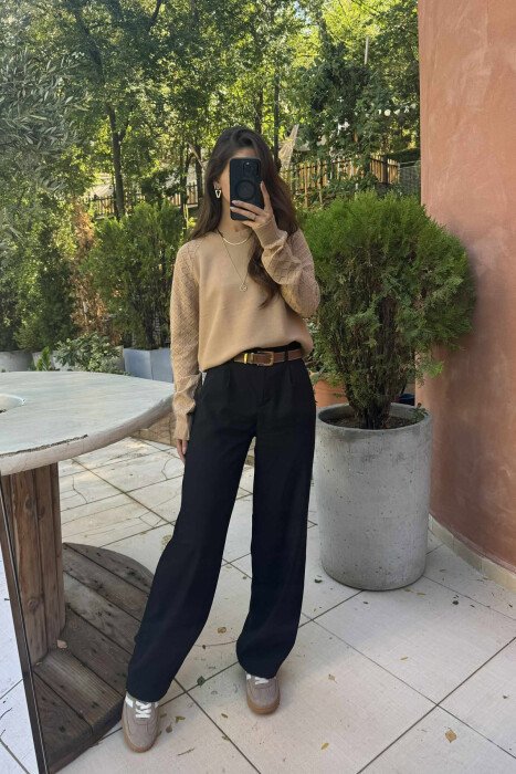 ONE COLOR KNITTED WOMEN SWEATER LIGHT BROWN/KAZB - 4