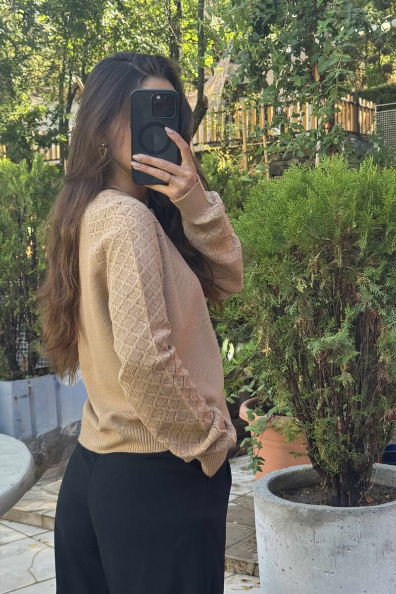 ONE COLOR KNITTED WOMEN SWEATER LIGHT BROWN/KAZB - 5