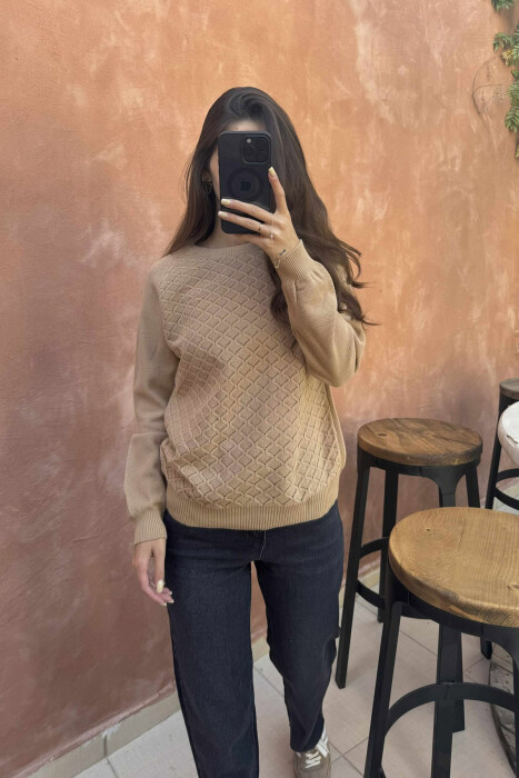 ONE COLOR KNITTED WOMEN SWEATER LIGHT BROWN/KAZB - 2