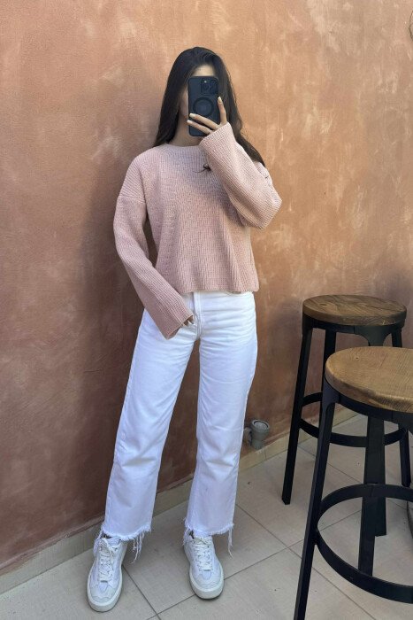 ONE COLOR KNITTED WOMEN SWEATER POWDER/PUDER - KLAUDIO FASHION