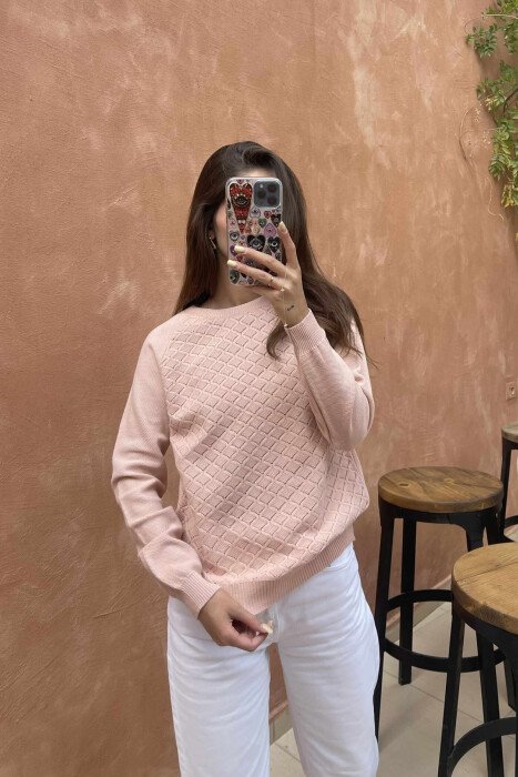 ONE COLOR KNITTED WOMEN SWEATER POWDER/PUDER - 3