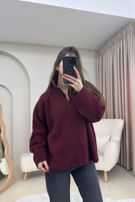 ONE COLOR KNITTED ZIPPER WOMEN CARDIGAN BURGUNDY/VISHNJE - 1