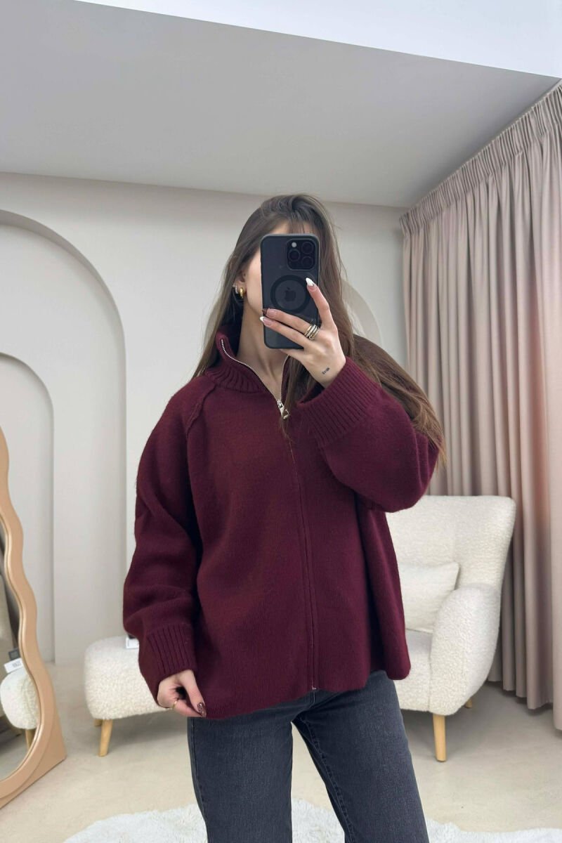 ONE COLOR KNITTED ZIPPER WOMEN CARDIGAN BURGUNDY/VISHNJE - 1