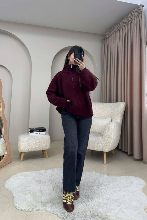 ONE COLOR KNITTED ZIPPER WOMEN CARDIGAN BURGUNDY/VISHNJE - 3