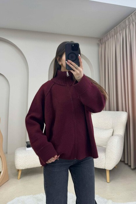 ONE COLOR KNITTED ZIPPER WOMEN CARDIGAN BURGUNDY/VISHNJE - 4