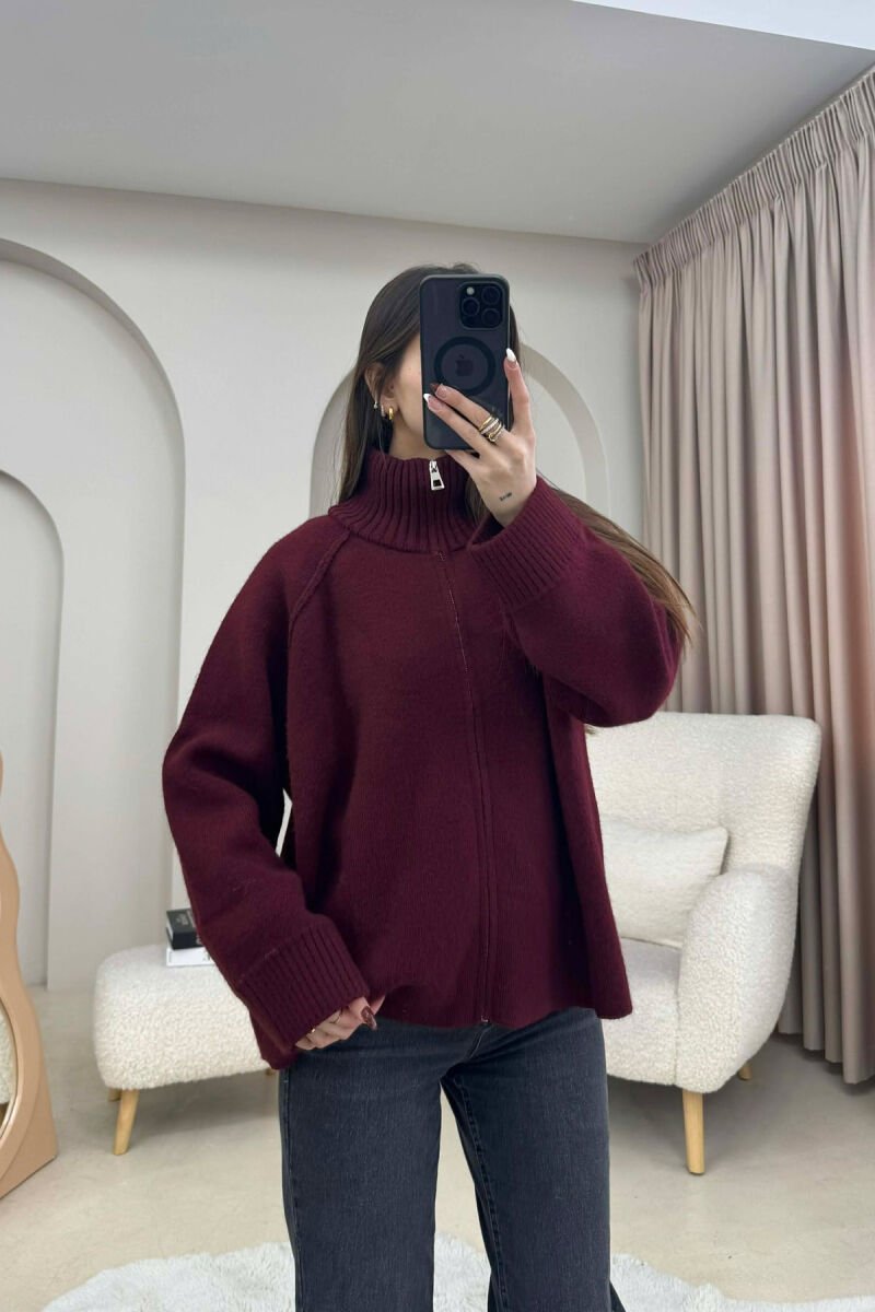 ONE COLOR KNITTED ZIPPER WOMEN CARDIGAN BURGUNDY/VISHNJE - 4