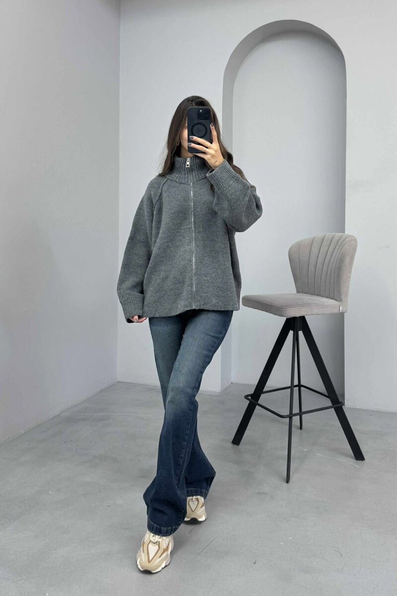 ONE COLOR KNITTED ZIPPER WOMEN CARDIGAN DARK GREY/GEE - 2