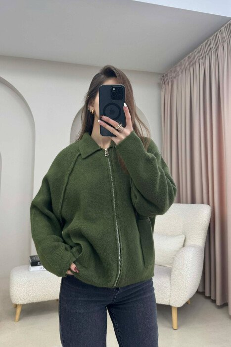 ONE COLOR KNITTED ZIPPER WOMEN CARDIGAN GREEN/JESHILE - 1