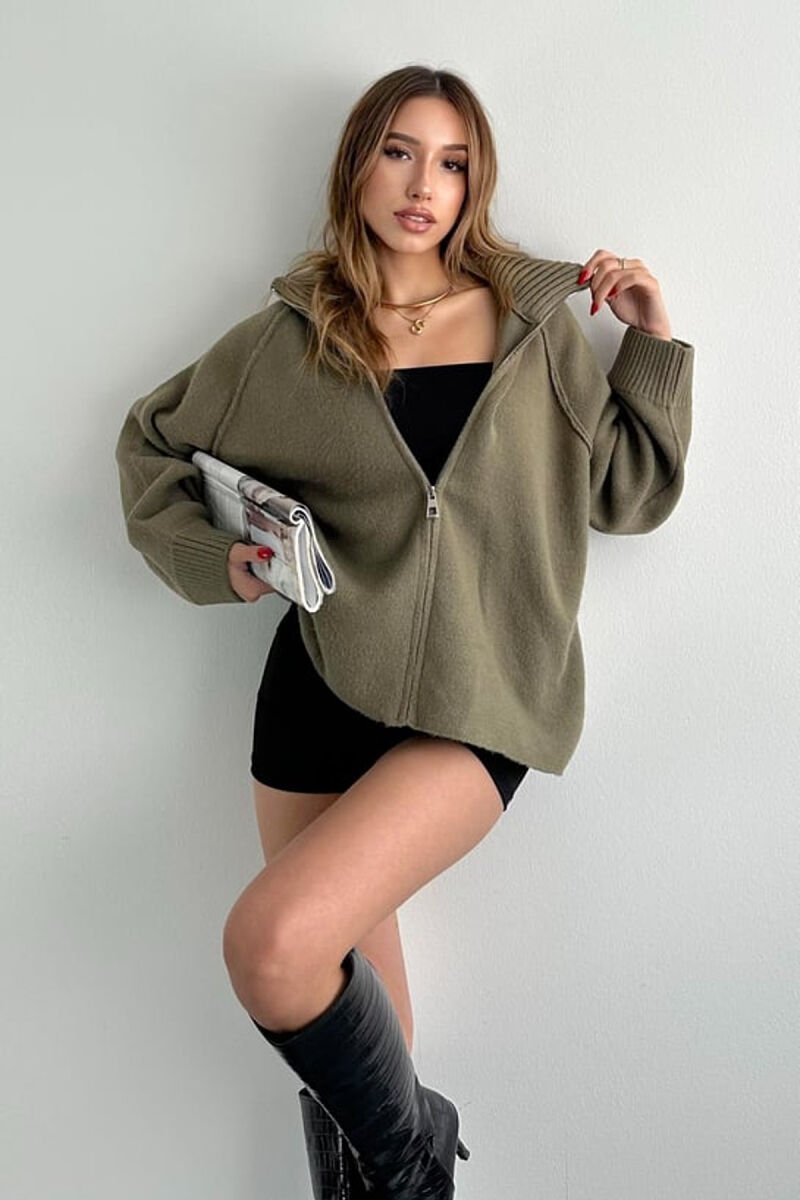 ONE COLOR KNITTED ZIPPER WOMEN CARDIGAN OLIVE/ULLI - 1