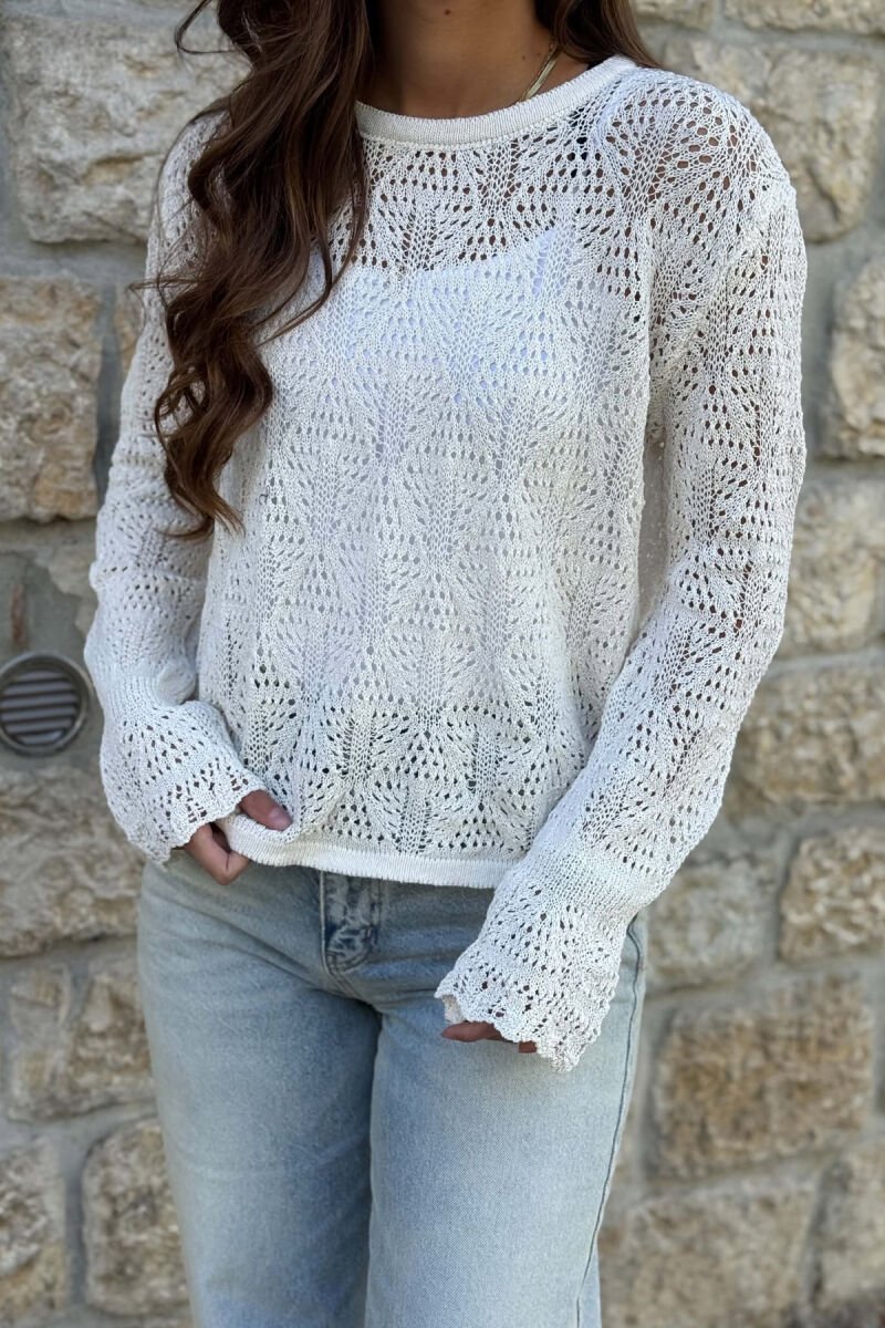 ONE COLOR KNNITED WOMAN SWEATER CREAM/KREM - 2