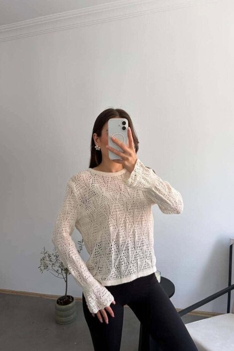 ONE COLOR KNNITED WOMAN SWEATSHIRT CREAM/KREM - 