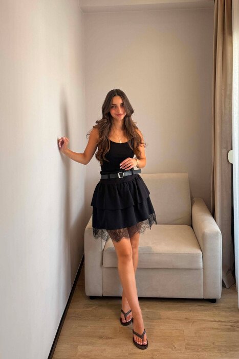 ONE COLOR LACE BELT DETAIL WOMAN SKORT BLACK/ E ZEZE - 2