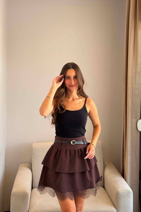 ONE COLOR LACE BELT DETAIL WOMAN SKORT BROWN/KAFE - 5