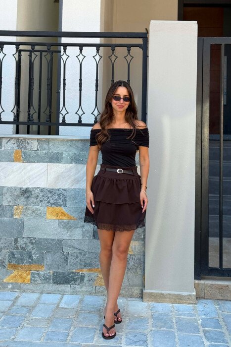 ONE COLOR LACE BELT DETAIL WOMAN SKORT DARK BROWN/KAE - 4