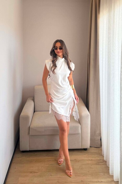 ONE COLOR LACE DETAIL WOMAN DRESS WHITE-E BARDHE - KLAUDIO FASHION
