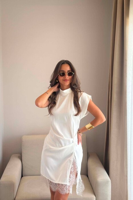 ONE COLOR LACE DETAIL WOMAN DRESS WHITE-E BARDHE - 3