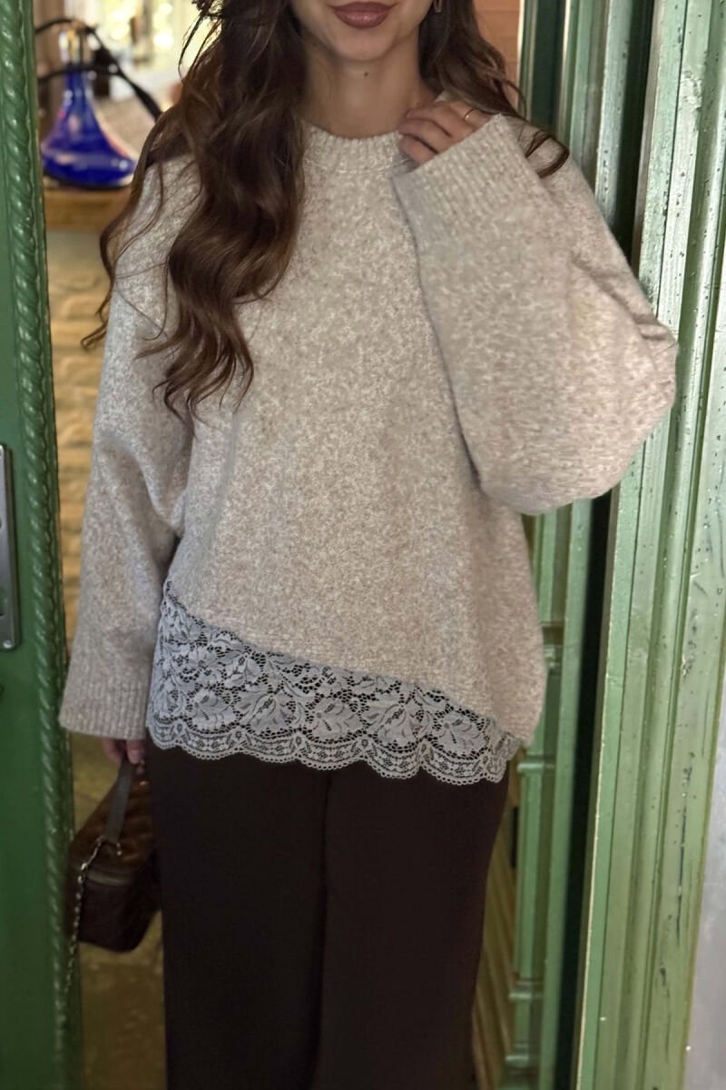 ONE COLOR LACE DETAIL WOMAN SWEATER BEIGE/BEZHE - 2