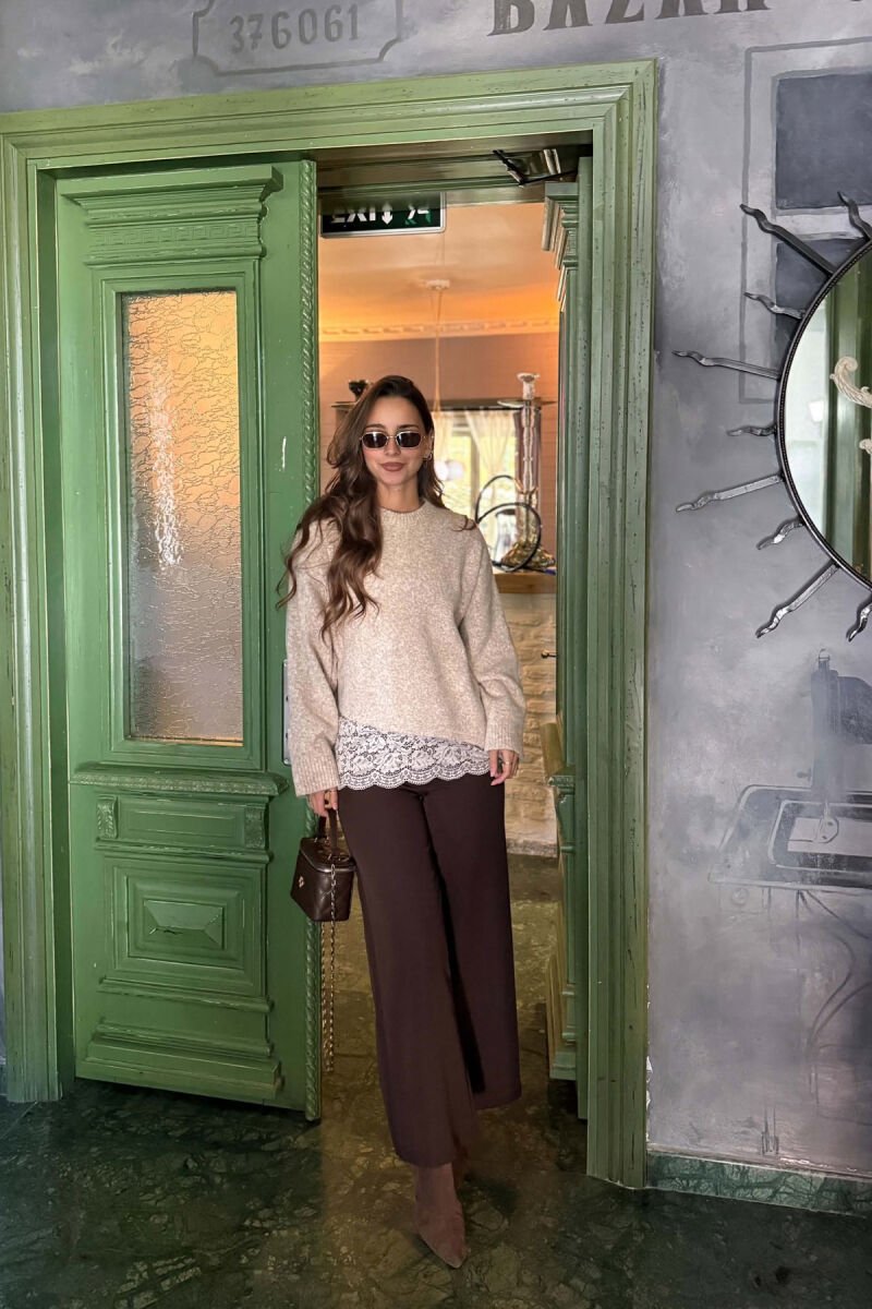 ONE COLOR LACE DETAIL WOMAN SWEATER BEIGE/BEZHE - 4