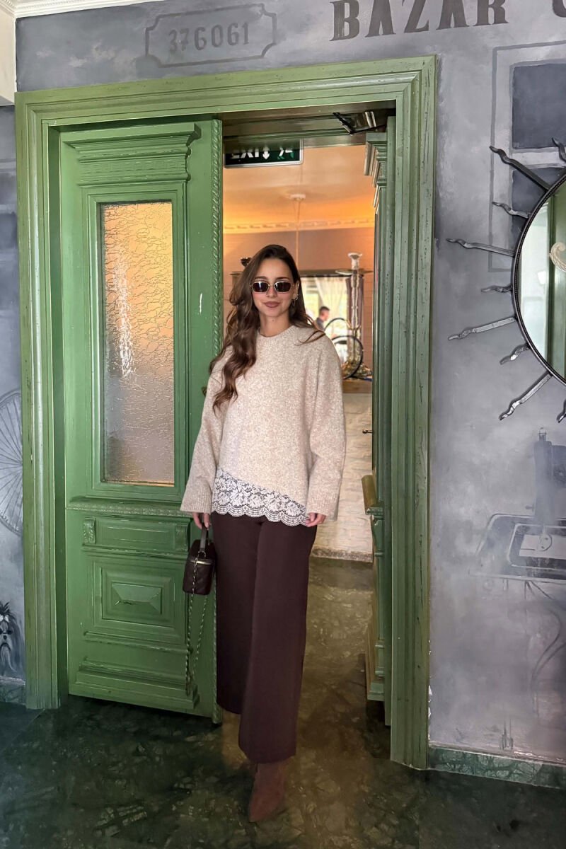 ONE COLOR LACE DETAIL WOMAN SWEATER BEIGE/BEZHE - 5