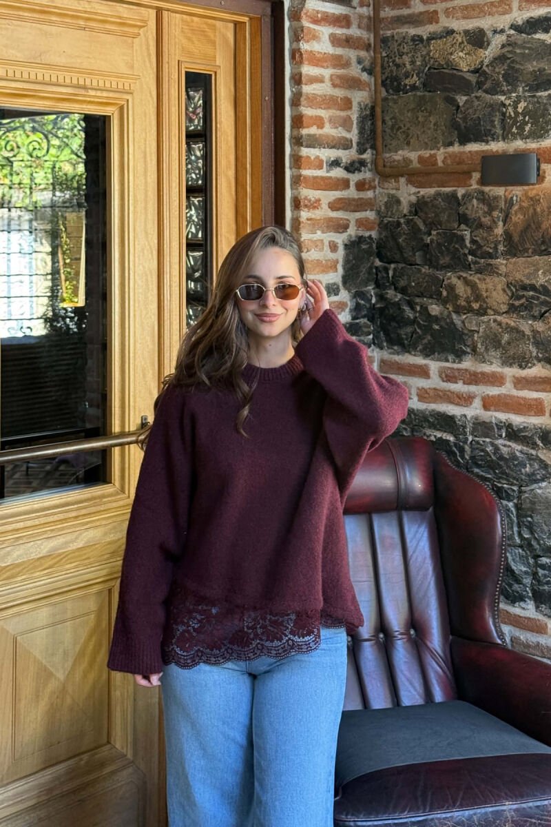 ONE COLOR LACE DETAIL WOMAN SWEATER BURGUNDY/VISHNJE - 1