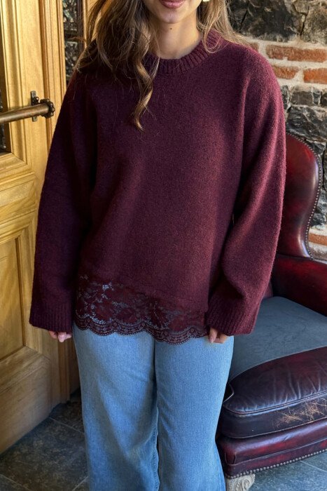 ONE COLOR LACE DETAIL WOMAN SWEATER BURGUNDY/VISHNJE - 3