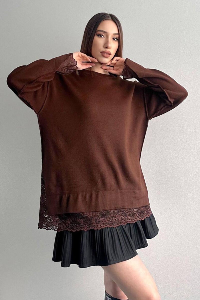 ONE COLOR LACE DETAIL WOMAN SWEATER BROWN/KAFE - 1