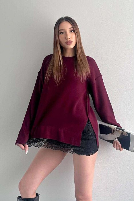 ONE COLOR LACE DETAIL WOMAN SWEATER BURGUNDY/VISHNJE - KLAUDIO FASHION