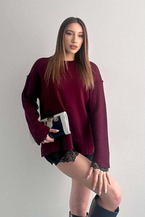 ONE COLOR LACE DETAIL WOMAN SWEATER BURGUNDY/VISHNJE - 2