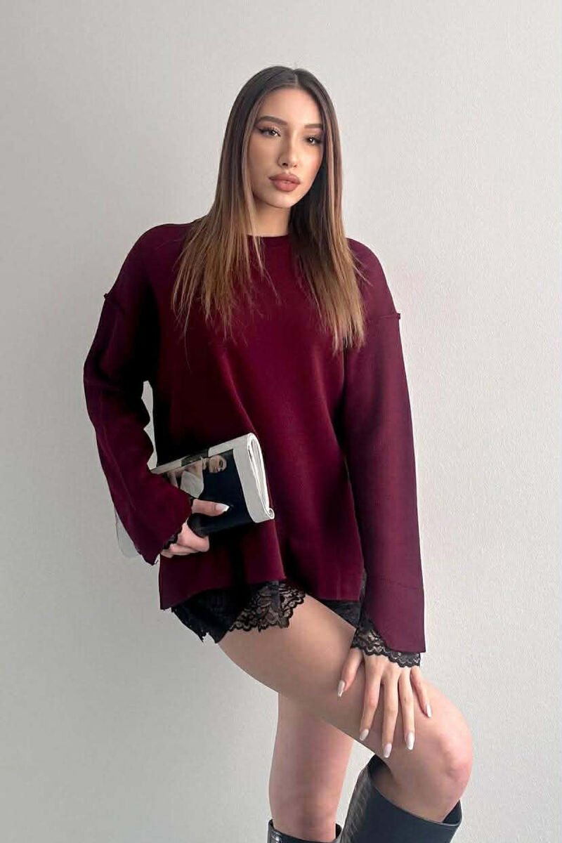 ONE COLOR LACE DETAIL WOMAN SWEATER BURGUNDY/VISHNJE - 2