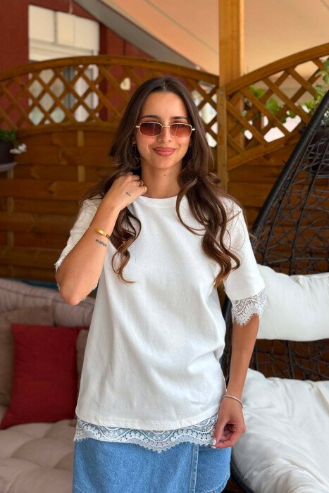 ONE COLOR LACE DETAIL WOMAN T-SHIRT WHITE-E BARDHE - 3