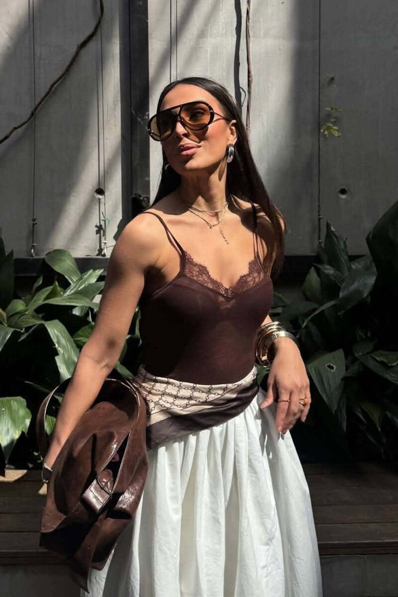 ONE COLOR LACE DETAIL WOMAN TANK TOP BROWN/KAFE - 2