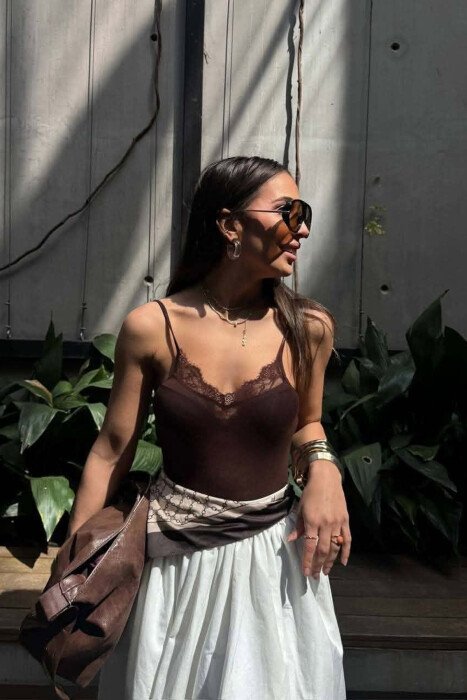 ONE COLOR LACE DETAIL WOMAN TANK TOP BROWN/KAFE - 4
