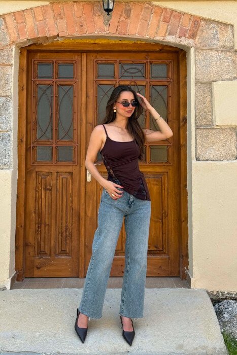ONE COLOR LACE DETAIL WOMAN TANK TOP BROWN/KAFE - 3