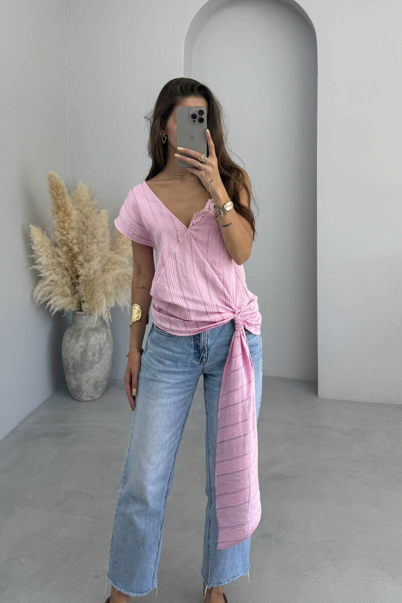 ONE COLOR LACE DETAIL WOMEN TANK TOP BABY PINK/ROZB - 1