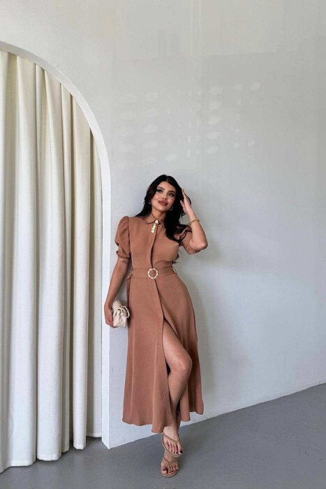 ONE COLOR LACING BELT POLO NECK WOMEN DRESS BEIGE/BEZHE 