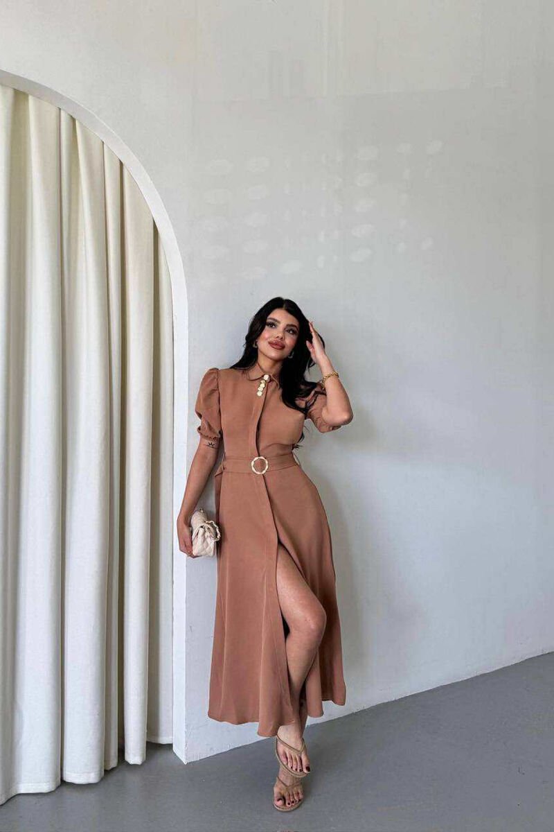 ONE COLOR LACING BELT POLO NECK WOMEN DRESS BEIGE/BEZHE - 1