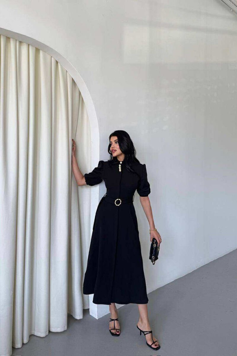 ONE COLOR LACING BELT POLO NECK WOMEN DRESS BLACK/ E ZEZE - 1