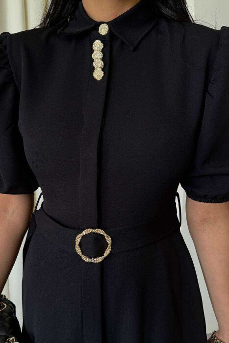 ONE COLOR LACING BELT POLO NECK WOMEN DRESS BLACK/ E ZEZE - 2