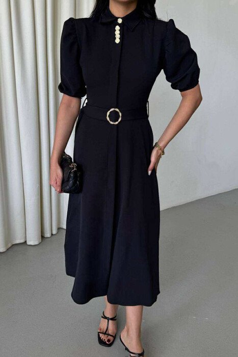 ONE COLOR LACING BELT POLO NECK WOMEN DRESS BLACK/ E ZEZE - 4