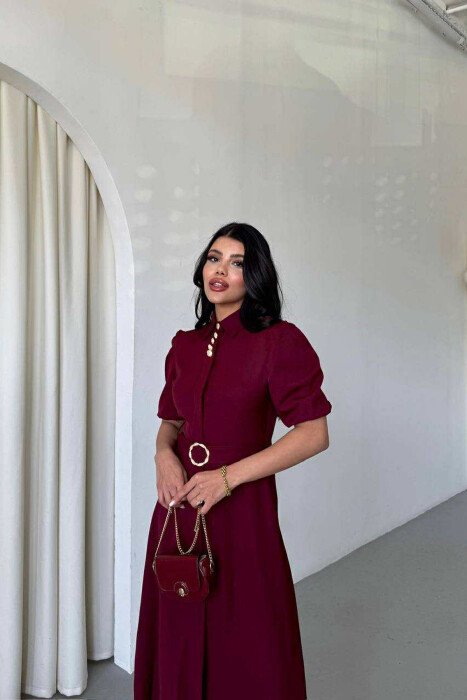 ONE COLOR LACING BELT POLO NECK WOMEN DRESS BURGUNDY/VISHNJE - 4