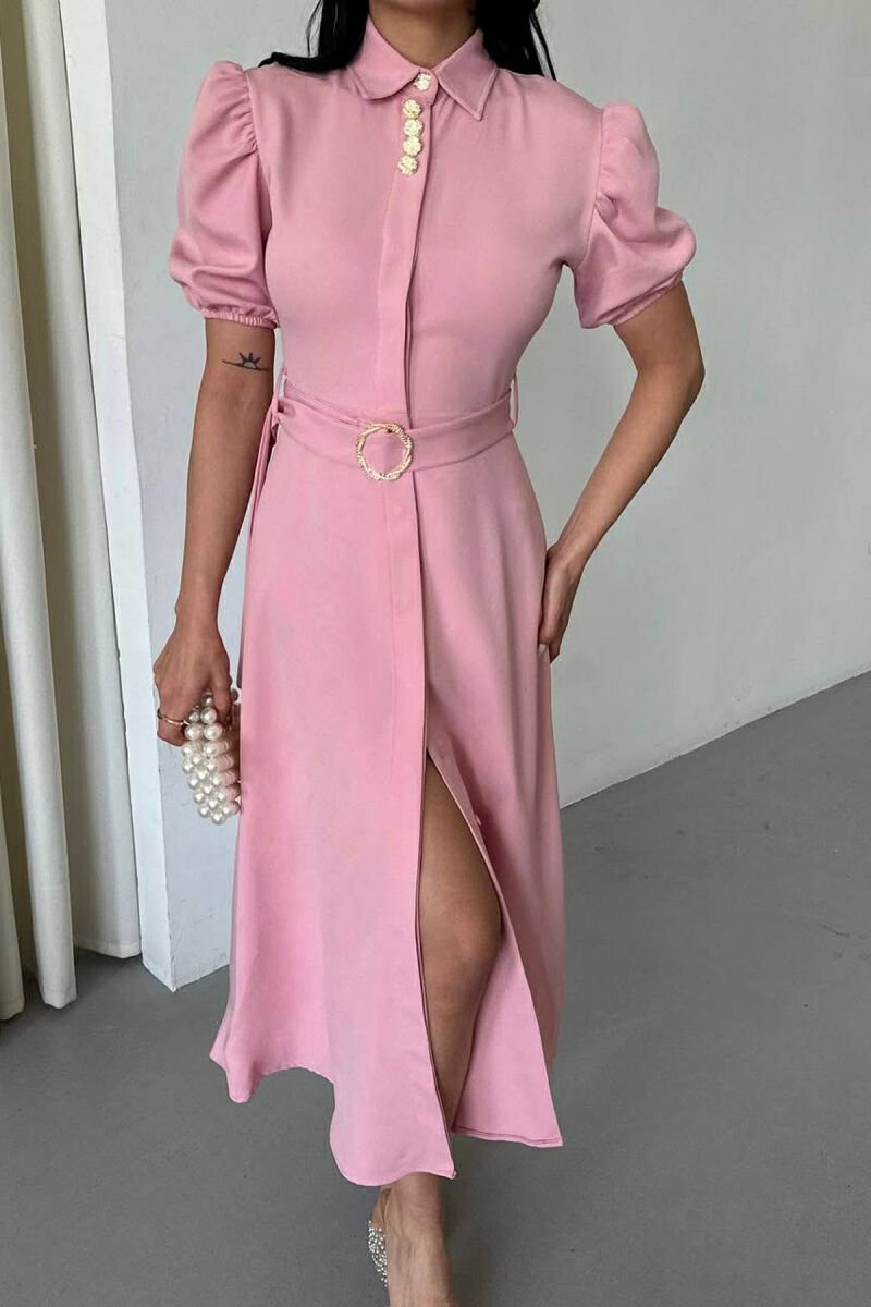 ONE COLOR LACING BELT POLO NECK WOMEN DRESS POWDER/PUDER - 3