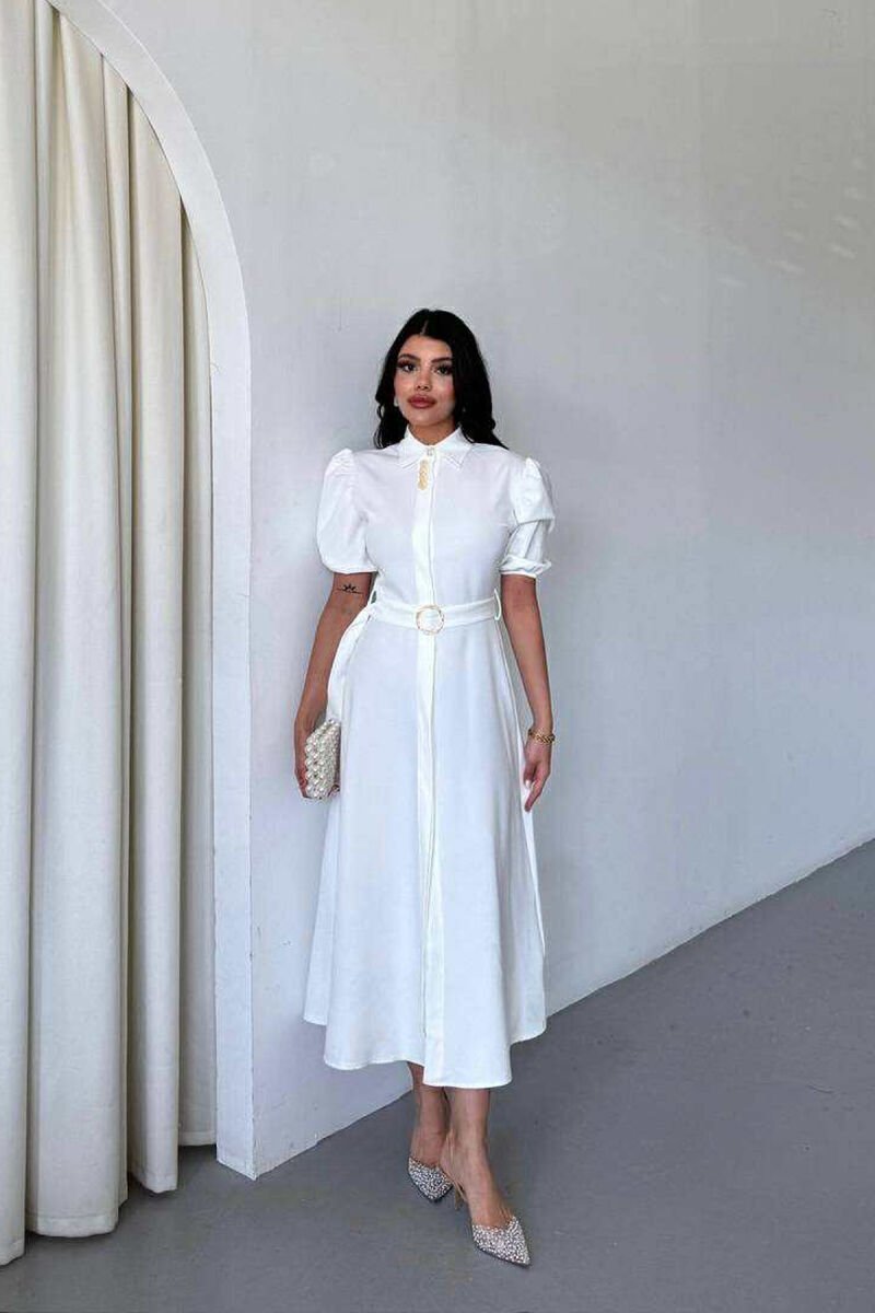 ONE COLOR LACING BELT POLO NECK WOMEN DRESS WHITE-E BARDHE - 1