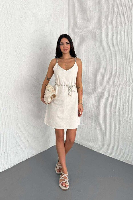 ONE COLOR LACING BELT THIN STRAPS WOMEN DRESS CREAM/KREM - KLAUDIO FASHION