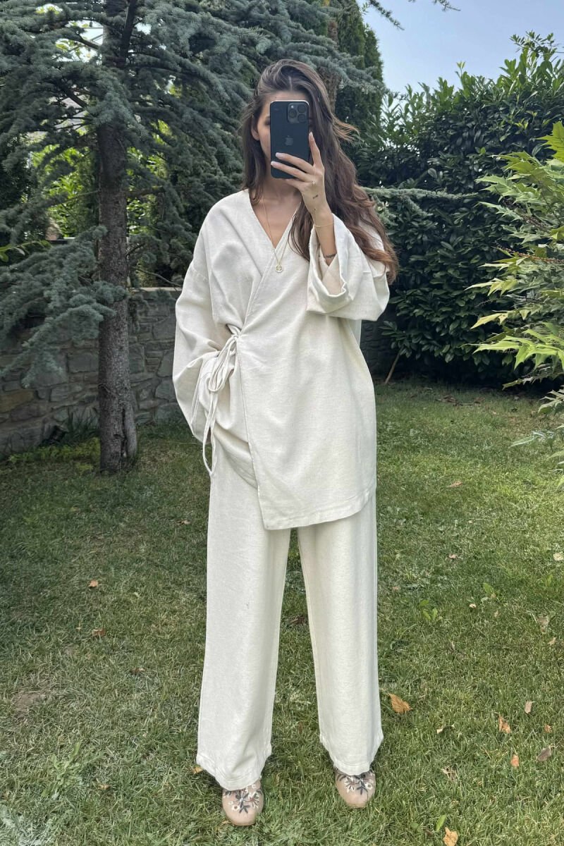 ONE COLOR LACING CARDIGAN+TROUSERS WOMEN SET CREAM/KREM - 1